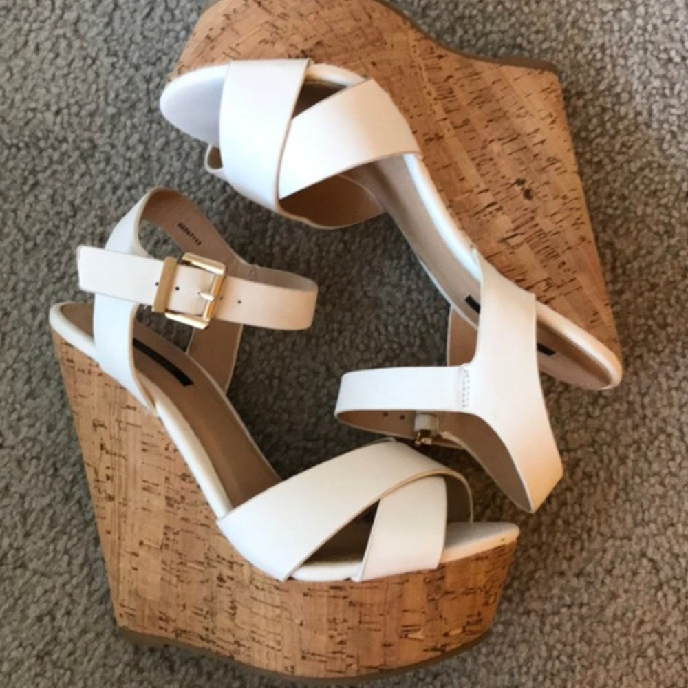 White Strappy Cork Platform Wedges